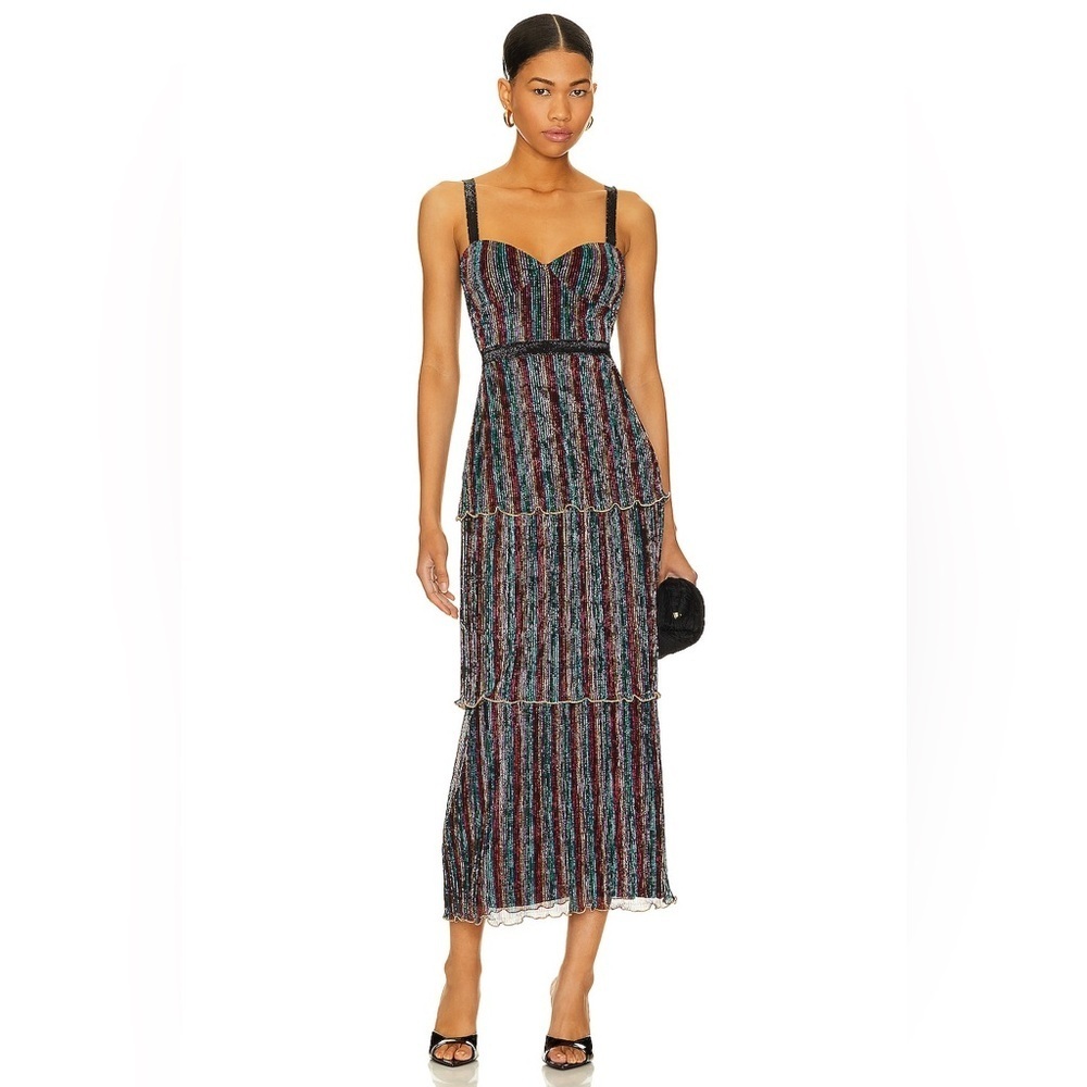 Saylor Aviva Metallic Rainbow Dress Tiered Maxi Womens Small